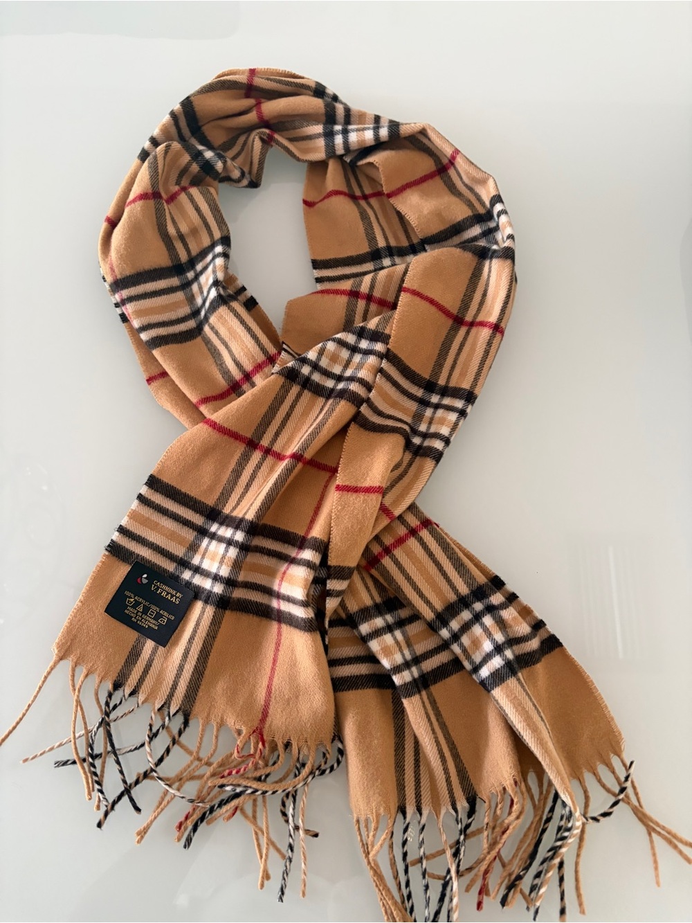 V. FRAAS Camel Plaid Scarf with Black and Red Windowpane